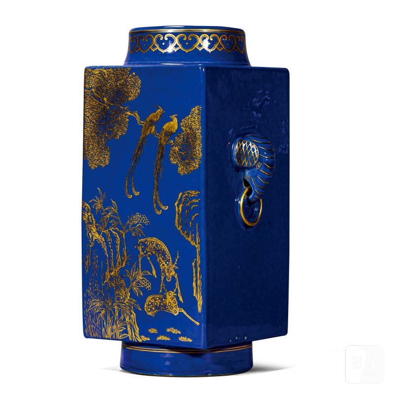 清光绪 祭蓝描金受天百禄图象耳琮式瓶